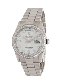 ROLEX, REF. 118206 PLATINUM 'DAY-DATE' WATCH WITH ROLEX FACTORY DIAMOND BEZEL AND FACTORY DIAMOND
