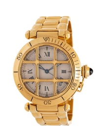 CARTIER, REF. 1021 18K YELLOW GOLD 'PASHA' DATE WATCH WITH FIXED GRID, BOX & MANUALS