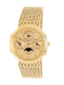 AUDEMARS PIGUET, 18K YELLOW GOLD 'QUANTIEME' 'OCTOGONE' PERPETUAL CALENDAR MOON PHASE WATCH, WITH