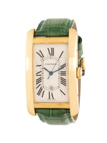 CARTIER, REF. 1740 18K YELLOW GOLD LARGE 'TANK AMÉRICAINE' DATE WATCH WITH CARTIER BUCKLE