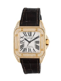 CARTIER, REF. 2880 18K YELLOW GOLD 'SANTOS 100' WATCH WITH FACTORY DIAMOND BEZEL, BOX & PAPERS