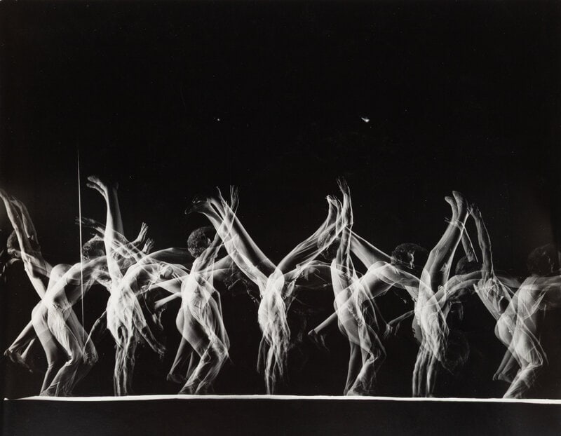Gjon Mili (American, 1904–1984) Stroboscopic image of tumbling sequence performed by Danish me: Gjon Mili (American, 1904–1984) Stroboscopic image of tumbling sequence performed by Danish men's gymnastics team, NY, 1948 gelatin silver print bearing artist's stamp in red and Time Inc. stamp