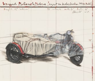Christo (Bulgarian, 1935-2020) Wrapped Motorcycle/Side Car – Project for Harley Davidson 1933
