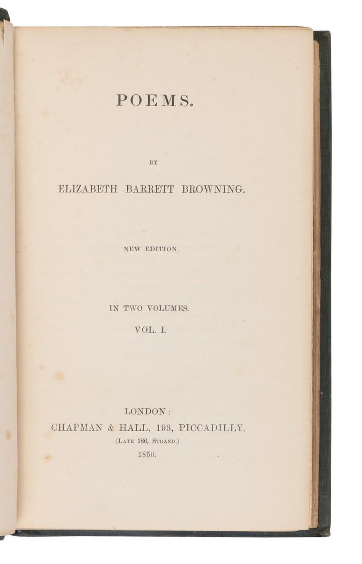 BROWNING, Elizabeth Barrett (1806-1861). Poems. London: Chapman & Hall, 1850.: BROWNING, Elizabeth Barrett (1806-1861). Poems. London: Chapman & Hall, 1850. 2 volumes, 8vo (168 x 105 mm). Half-titles. (Very light and occasional spotting.) Original blindstamped grey-blue clot