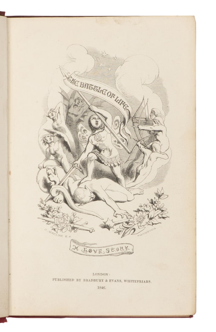 DICKENS, Charles (1812-1870). The Battle of Life. A Love Story. London: Bradbury & Evans, 1846.: DICKENS, Charles (1812-1870). The Battle of Life. A Love Story. London: Bradbury & Evans, 1846. 8vo. Half-title; engraved frontispiece and vignette title by John Thompson after Daniel Maclise, numerou