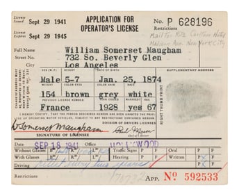 MAUGHAM, W. Somerset (1874-1965). Partly printed document signed twice ("W. Somerset Maugham"), Los