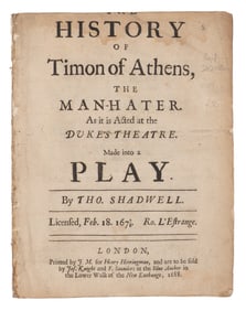 [SHAKESPEARE, William (1564-1616)]. -- SHADWELL, Thomas (1642-1692). The History of Timon of Athens,