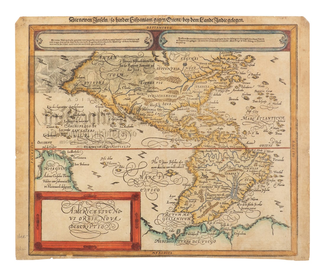 [MAP]. MÜNSTER, Sebastian (1488-1552). Americae sive novi orbis nova descriptio. Basel, ca 1614. (1 of 2)