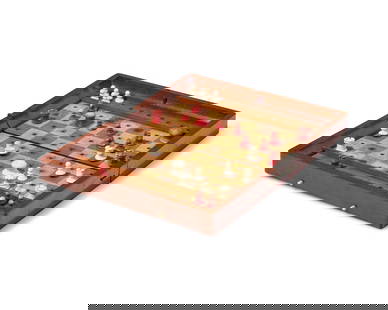 A Satinwood and Mahogany Folding Chess Set from William Vincent Astor's Yacht, Nourmahal: A Satinwood and Mahogany Folding Chess Set from William Vincent Astor's Yacht, Nourmahal Early 20th Century the lid with metal plaque engraved, "The favorite game of the Boozer for his "Nourmahal"/