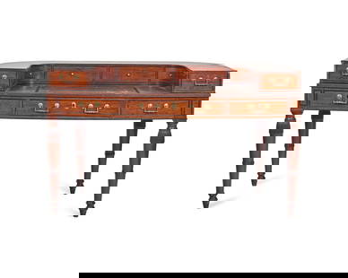 An English Satinwood, Mahogany and Parcel-Ebonized Carlton House Desk Once Owned by William Vincent: An English Satinwood, Mahogany and Parcel-Ebonized Carlton House Desk Once Owned by William Vincent Astor (1891-1959) First Half 19th Century Height 35 1/2 x width 59 x depth 29 inches. From the