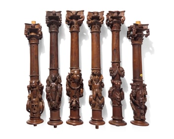 A Set of Twelve Rare and Important Spanish Plateresque Carved Walnut Colonettes from the Jaén