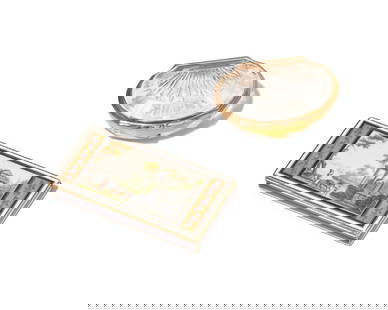 Two Continental Gold, Enamel, and Crystal Snuff Boxes: Two Continental Gold, Enamel, and Crystal Snuff Boxes French and German, 18th / 19th Century comprising a French 18 Karat gold-mounted cut crystal shell-form snuff box, post 1838, the rim struck