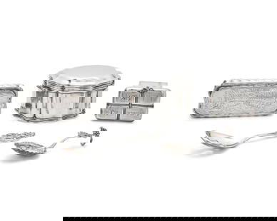 A Group of Five Continental Silver Items: A Group of Five Continental Silver Items 18th - 20th Century comprising a Dutch silver tobacco box commemorating the Battle of Dogger Bank in 1781, marked with date letter "K" and other partially