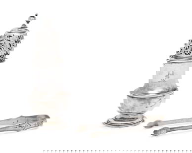 A George I Britannia Silver Caster and a George III Sterling Silver Sugar Tongs: A George I Britannia Silver Caster and a George III Sterling Silver Sugar Tongs Thomas Bamford I and George Beckwith, London, 1720 and Circa 1804 the caster, by Thomas Bamford I, engraved with Morgan