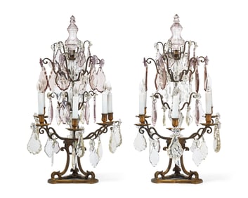 A Pair of French Patinated Bronze and Crystal Candelabra