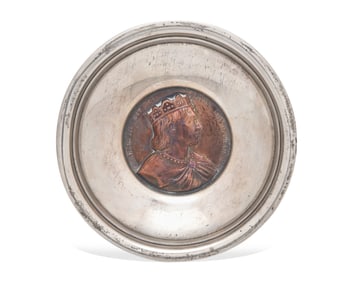 A Sterling Silver Dish Inset with Commemorative Charles III Gem-Set Bronze Medallion