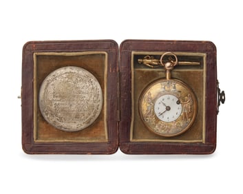 A Historic 18 Karat Tricolor Gold Open Face Jacquemart Automaton Quarter Repeater Pocket Watch