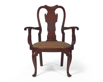 A Queen Anne Walnut Compass-Seat Open Arm Chair