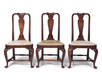 A Group of Three Queen Anne Walnut Compass-Seat Side Chairs
