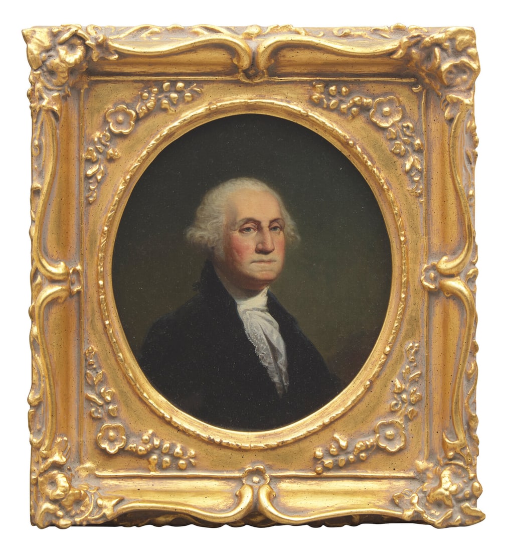American School 19th Century, After Gilbert Stuart (1755-1828), A Portrait of George Washington: American School 19th Century, After Gilbert Stuart (1755-1828), A Portrait of George Washington oil on canvas, framed. 8 3/4 x 7 3/4 inches (sight), 9 1/2 x 8 inches (canvas), 14 x 12 1/4 inches (fram