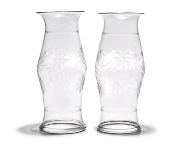 A Pair of Blown and Etched Glass Hurricanes