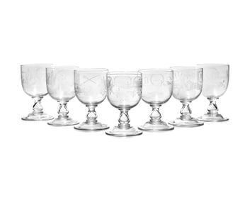 A Set of Seven Blown and Etched Glass Drinking Goblets