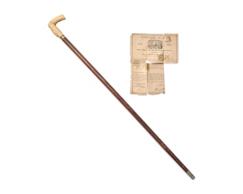 A Carved Bone And Gold-Mounted Oak Walking Stick Made Of The Timbers From Independence Hall