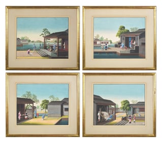 Chinese Export School 19th Century, A Set of Four Paintings Depicting Various Stages of Silk