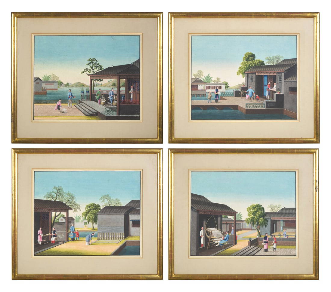 Chinese Export School 19th Century, A Set of Four Paintings Depicting Various Stages of Silk