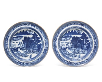 A Rare Pair of Chinese Export Porcelain Log Cabin or Pearl River House near Canton Pattern Plates
