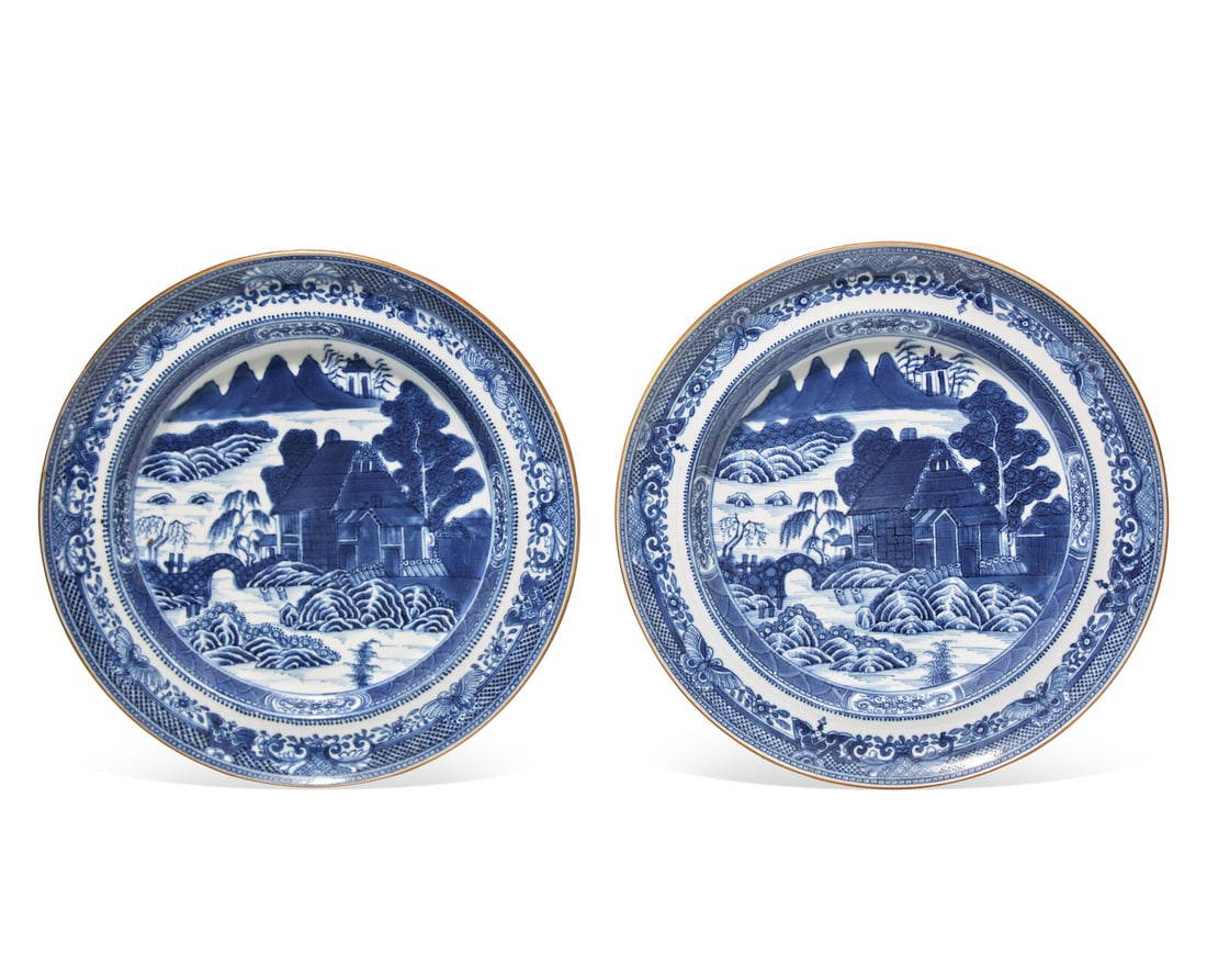 A Rare Pair of Chinese Export Porcelain Log Cabin or Pearl River House near Canton Pattern Plates