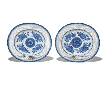 Two Chinese Export Porcelain Blue Fitzhugh Oval Reticulated and Feathered Edge Serving Plates