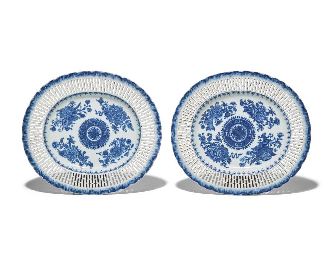 Two Chinese Export Porcelain Blue Fitzhugh Oval Reticulated and Feathered Edge Serving Plates