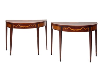 A Fine Pair of Federal Demilune Inlaid Mahogany and Satinwood Console Tables