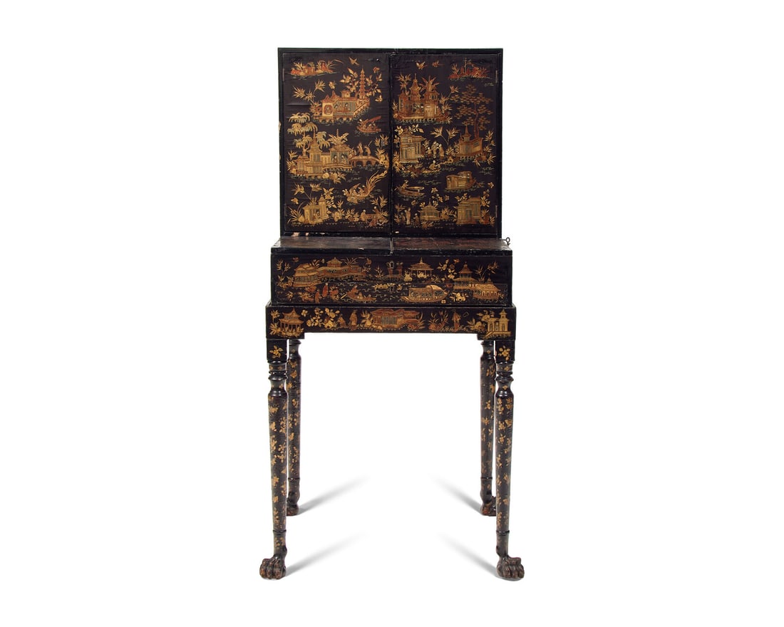 A Chinese Export Black Lacquer and Parcel-Gilt Cabinet and Work Table