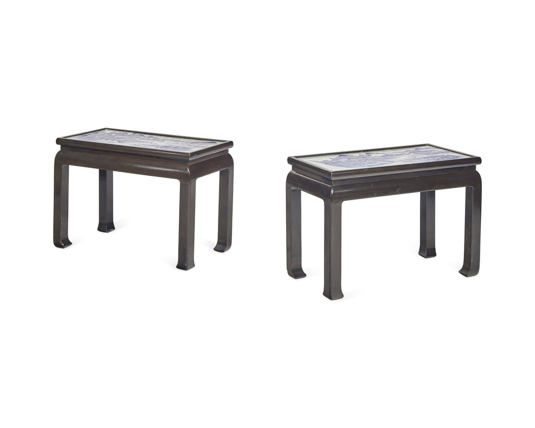 A Pair of Chinese Export Hard Wood Low Tables Inset with Blue and White Porcelain Panels