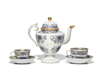 A Chinese Export Porcelain Imperial Blue Fitzhugh Coffee Pot with Two Cups and Saucers