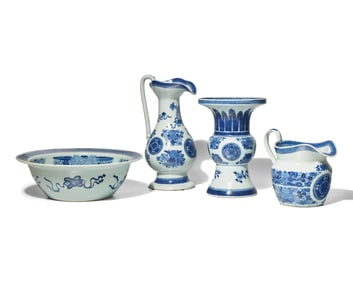 A Chinese Export Porcelain Blue Fitzhugh Basin, Ewer, Vase, and Pitcher