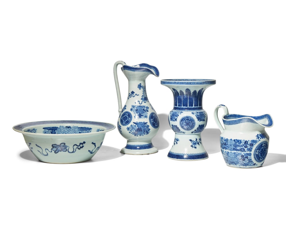 A Chinese Export Porcelain Blue Fitzhugh Basin, Ewer, Vase, and Pitcher
