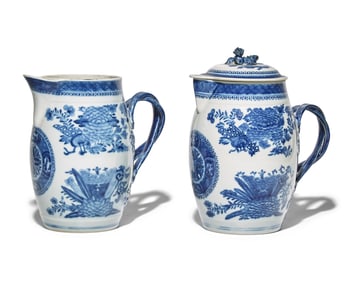 Two Chinese Export Porcelain Blue Fizthugh Cider or Punch Jugs