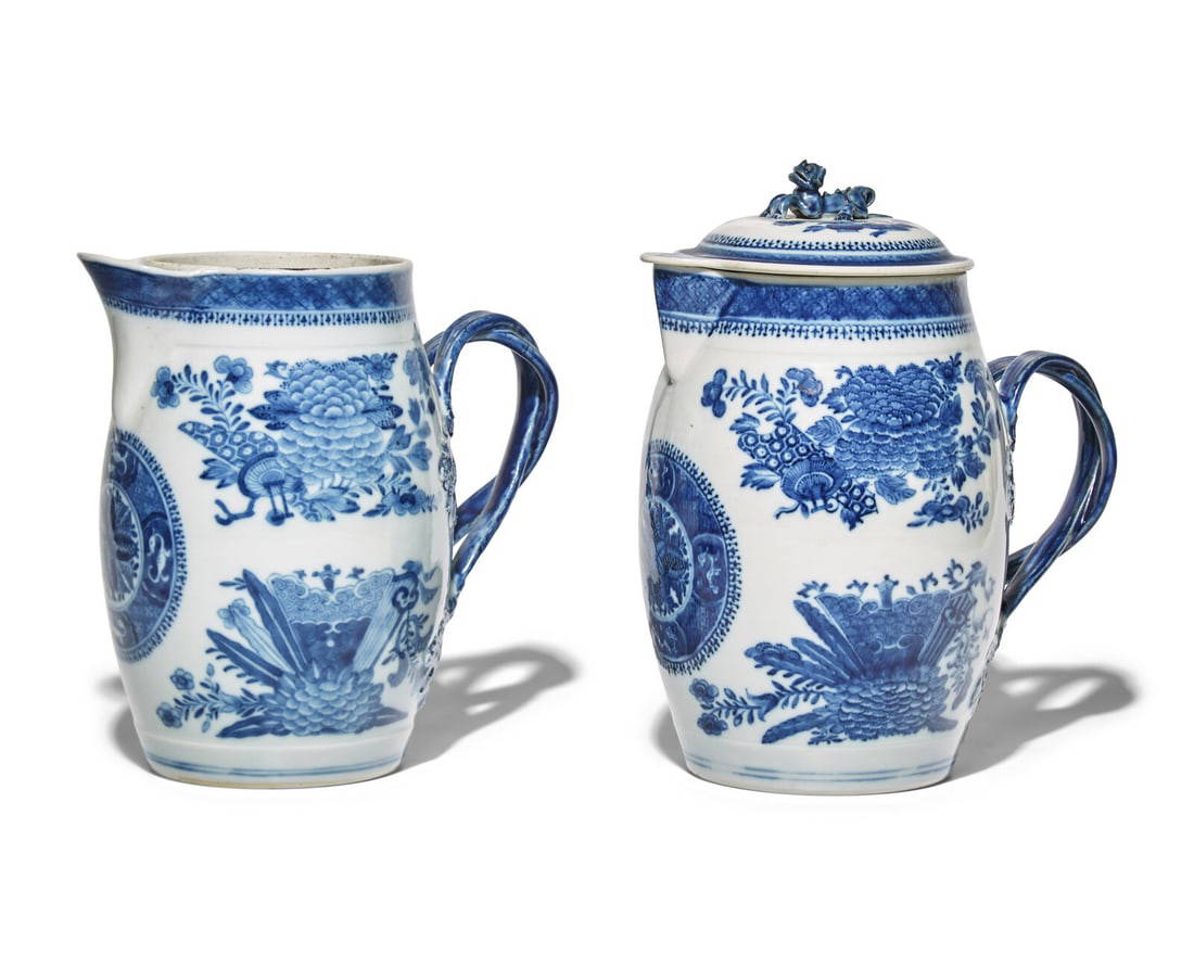 Two Chinese Export Porcelain Blue Fizthugh Cider or Punch Jugs