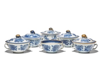 A Group of Six Chinese Export Porcelain Blue Fitzhugh Double-Handled Bowls with Five Covers