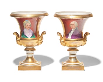 A Pair of Gilt and Enamel-Decorated Paris Porcelain Urns Bearing Portraits of George and Martha