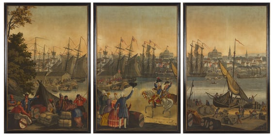 A Zuber & Cie Three-Panel Wallpaper "Vues D'Amerique du Nord" Depicting Boston Harbor