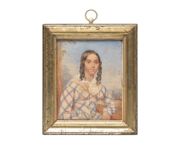 American School 19th Century, A Portrait Miniature of a Young Girl with Steamboat in Background