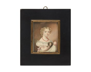 American School 19th Century, A Portrait Miniature of a Young Girl Holding a Dog
