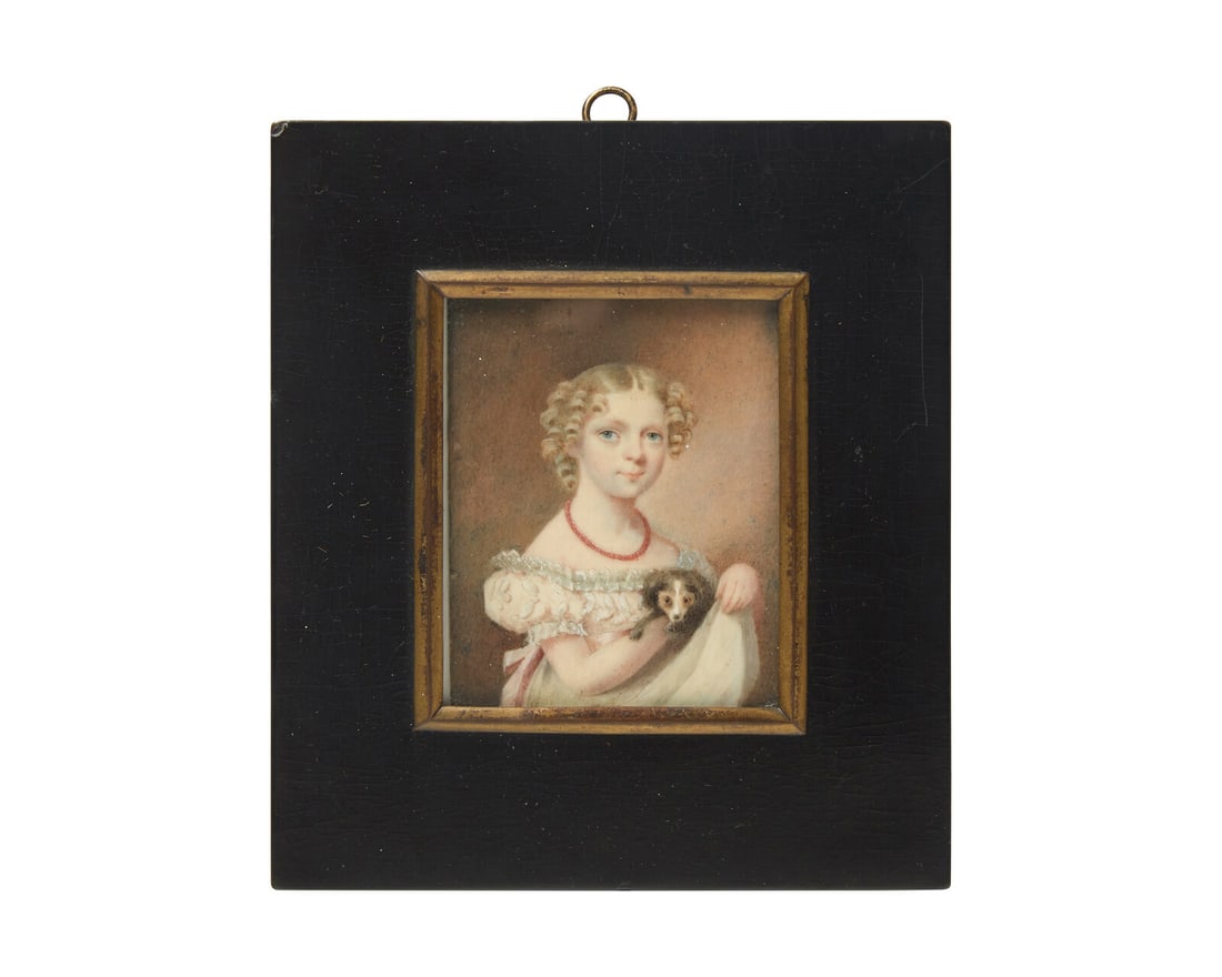 American School 19th Century, A Portrait Miniature of a Young Girl Holding a Dog (1 of 4)