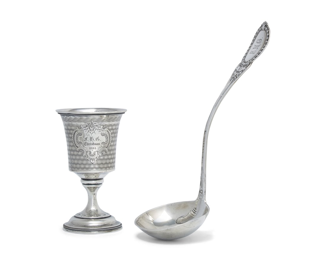A Silver Presentation Cup and Sterling Silver Ladle Made for Admiral Francis H. Gregory (1789-1866): A Silver Presentation Cup and Sterling Silver Ladle Made for Admiral Francis H. Gregory (1789-1866) The Ladle by Tiffany & Co., New York, New York, Mid-19th Century the cup with beaded rim and eng