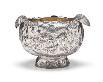 A Rare and Monumental Sterling Silver Japonesque Punch Bowl