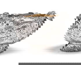 A Rare and Monumental Sterling Silver Japonesque Punch Bowl: A Rare and Monumental Sterling Silver Japonesque Punch Bowl Gorham Mfg. Co.,, Providence, Rhode Island, Date Mark for 1885 bearing maker's mark of lion passant, anchor and Gothic "G," wolf head date m